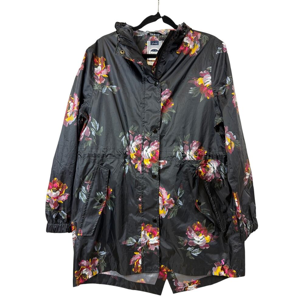 Joules Black Multicolor Floral Hooded Rain Jacket Size 10